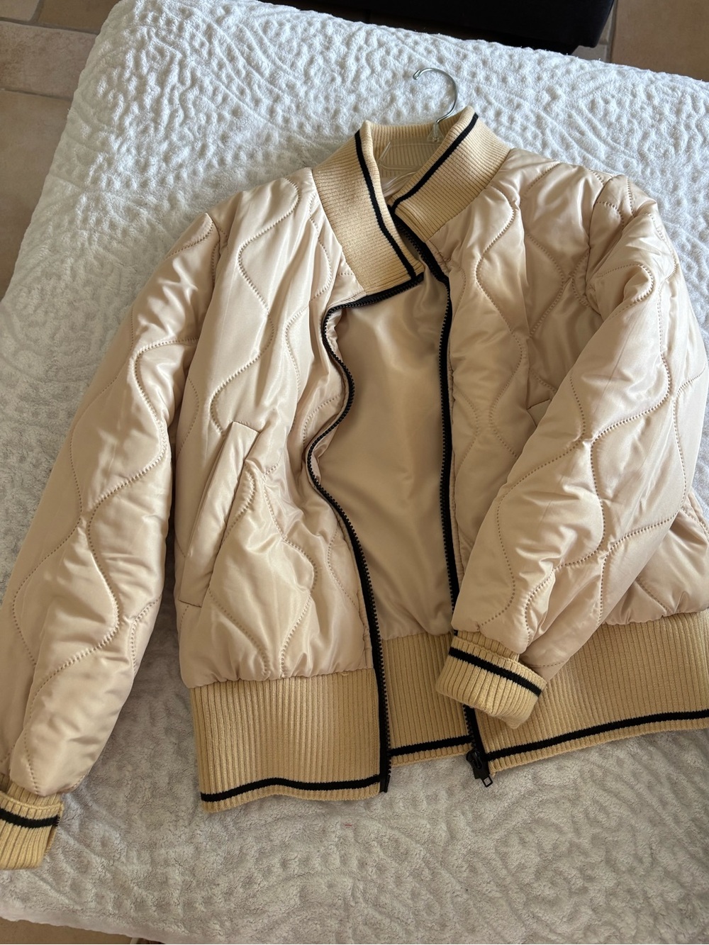 Quilted Bomber Jacket in Cream with Contrast Trim
